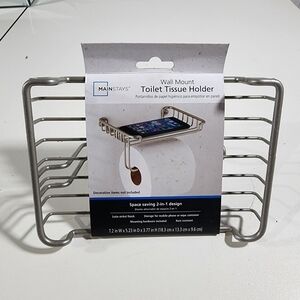 NWT Mainstays Satin Nickel Wall Mount Toilet Paper Wipes Phone Holder Space Savi